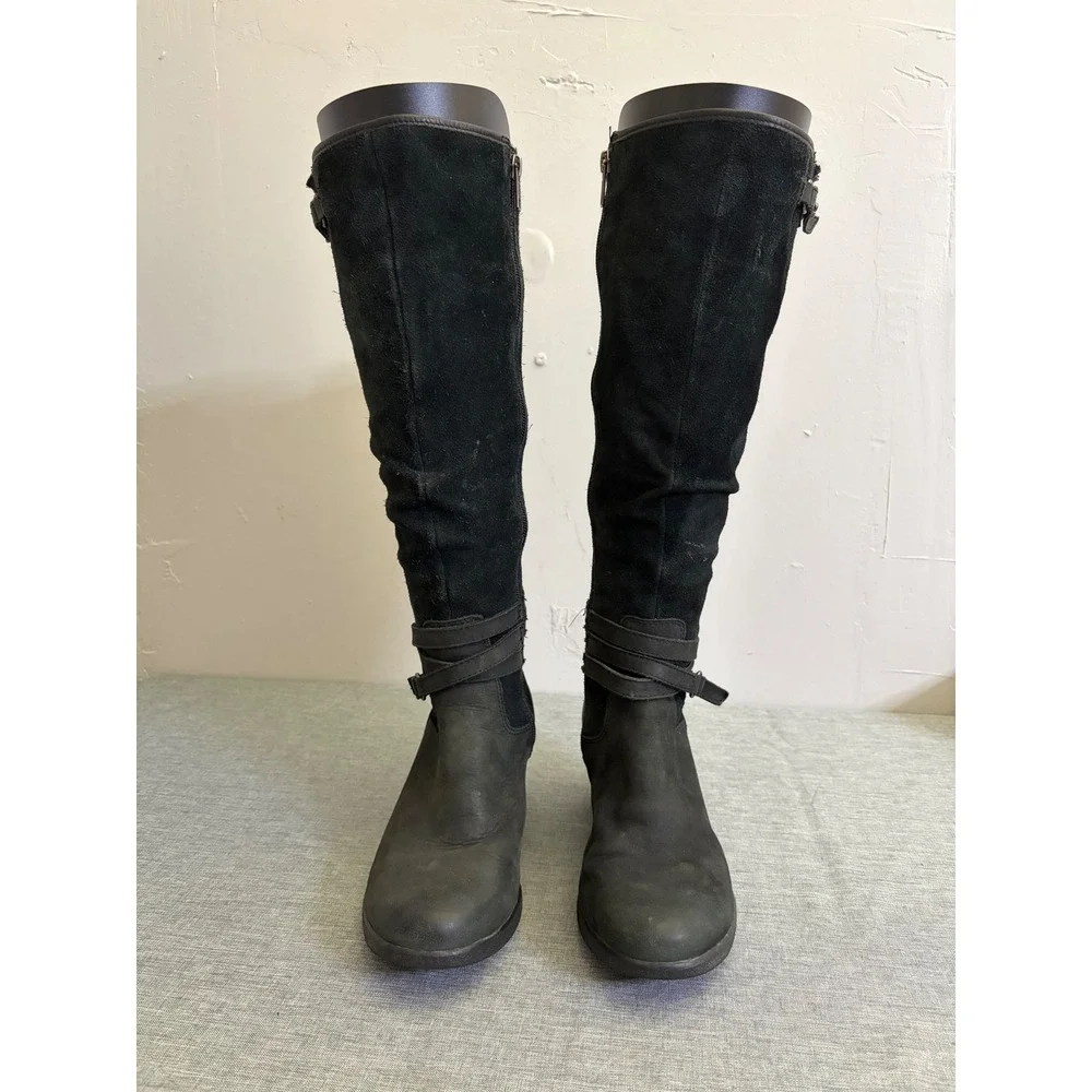 UGG Tall Boots Womens 8 Black Simmens Waterproof Suede Leather Wedge‎ Buckle